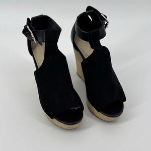 Marc Fisher‎ Black Espadrille Wedge Sandals Ankle Strap Peep Toe Size 9M Coastal